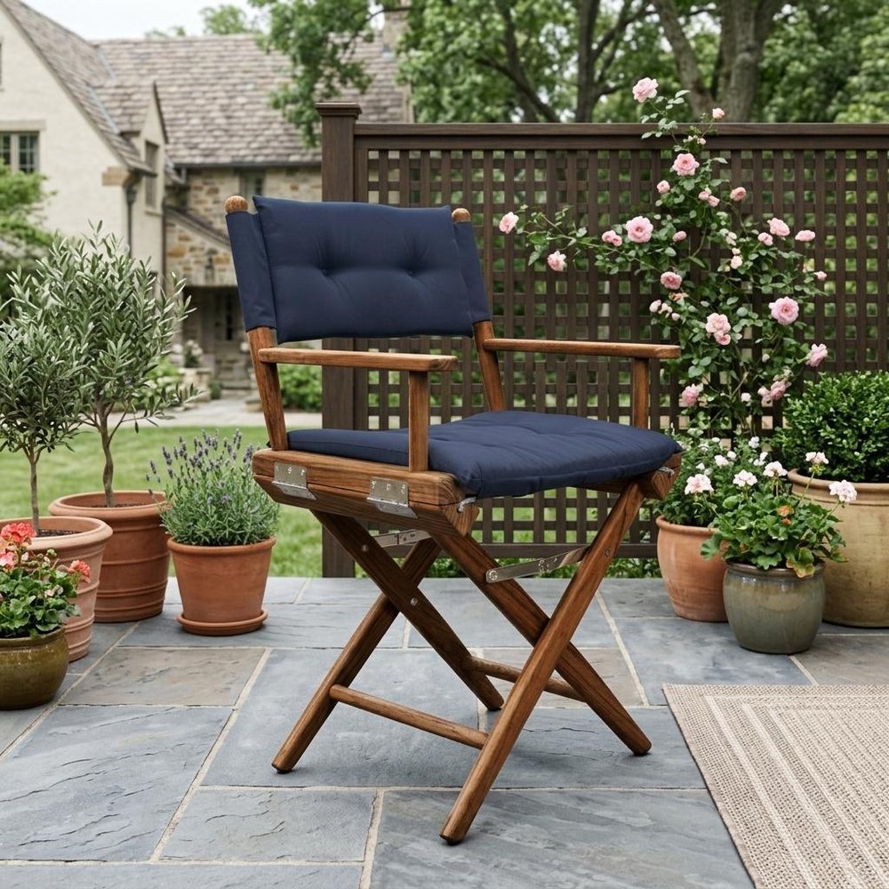23" Navy Blue and Brown Solid Wood Indoor/Outdoor Patio Director Chair with Navy Blue Cushion