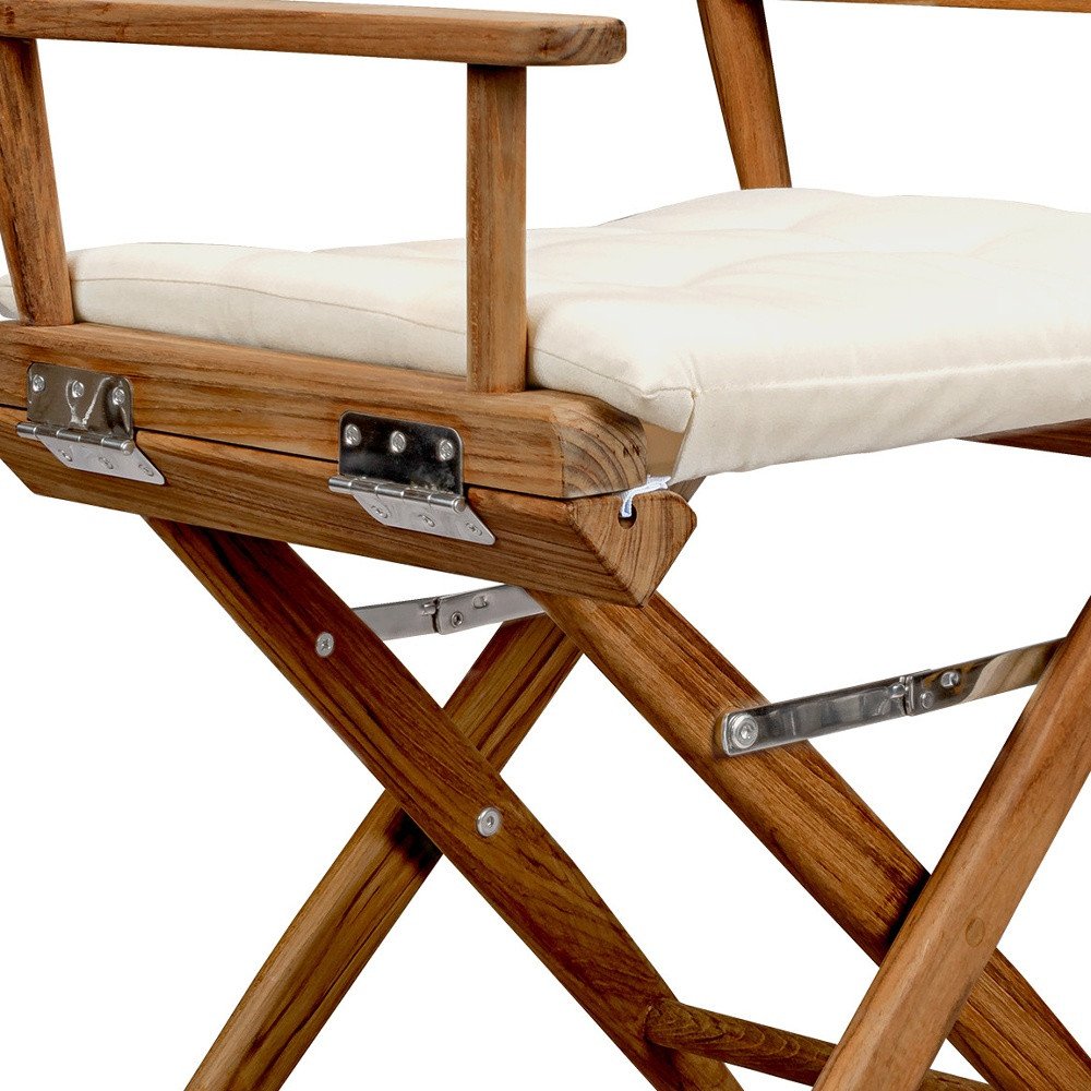 23" Natural Solid Wood Outdoor Patio Folding Director Chair with Cream Cushion