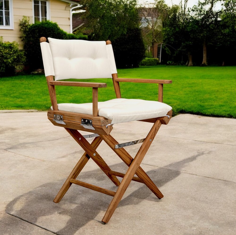 23" Natural Solid Wood Outdoor Patio Folding Director Chair with Cream Cushion