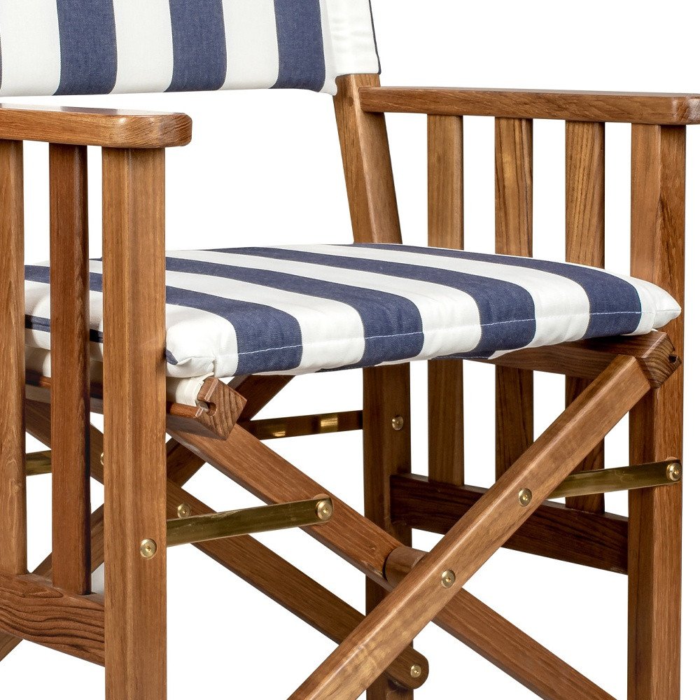 20" Blue and White and Natural Wood Solid Wood Indoor/Outdoor Patio Director Chair with Blue and White Cushion