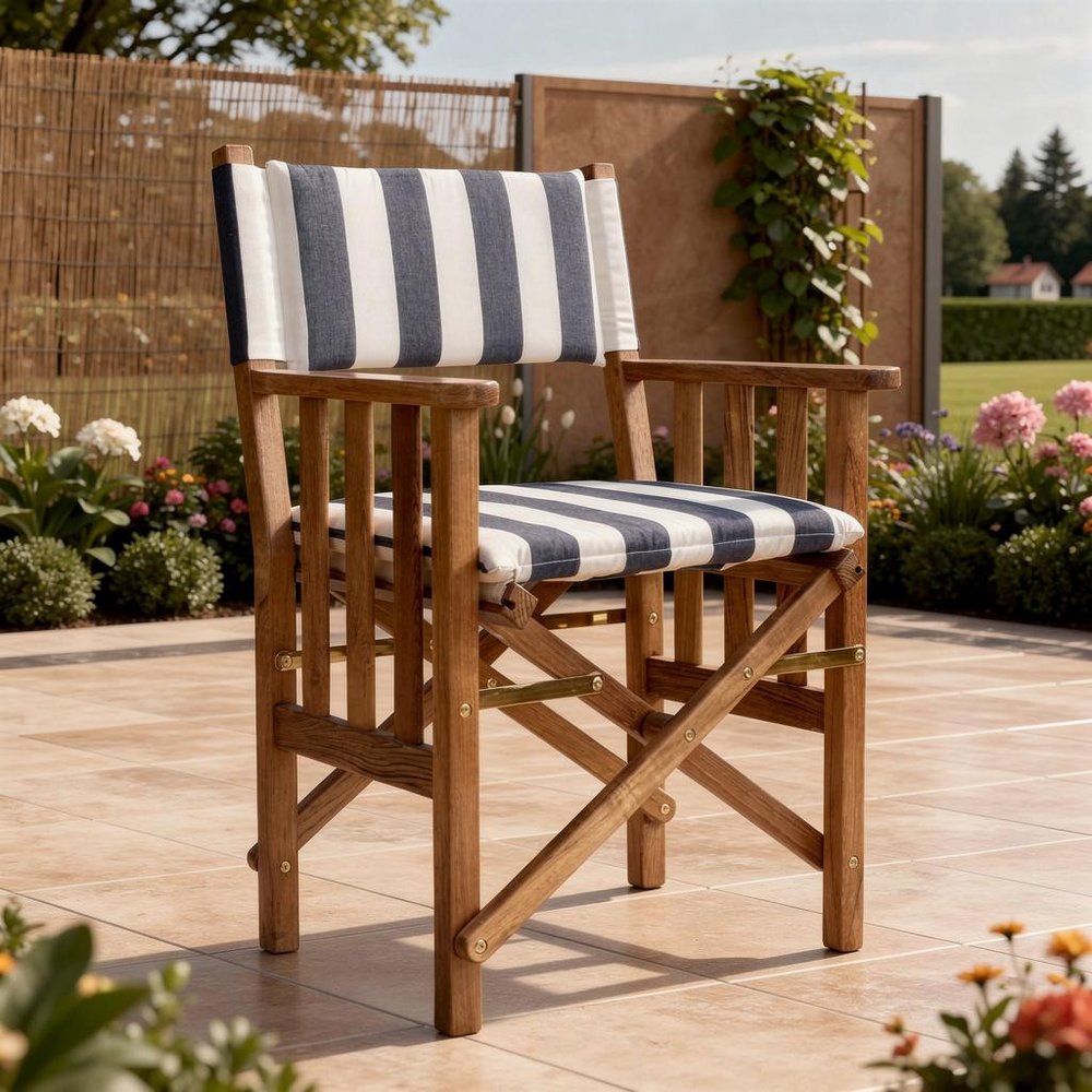 20" Blue and White and Natural Wood Solid Wood Indoor/Outdoor Patio Director Chair with Blue and White Cushion