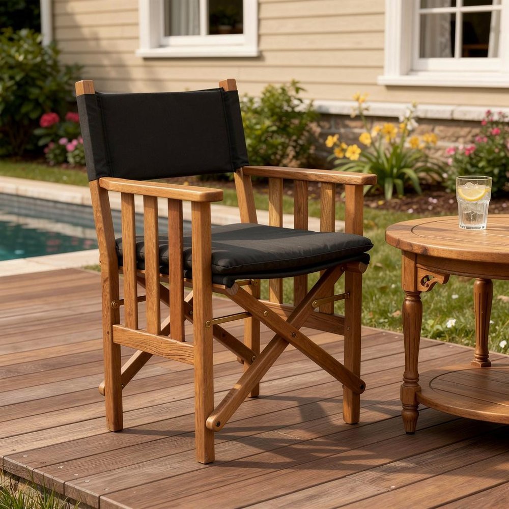 20" Black and Natural Wood Solid Wood Indoor/Outdoor Patio Director Chair with Black Cushion