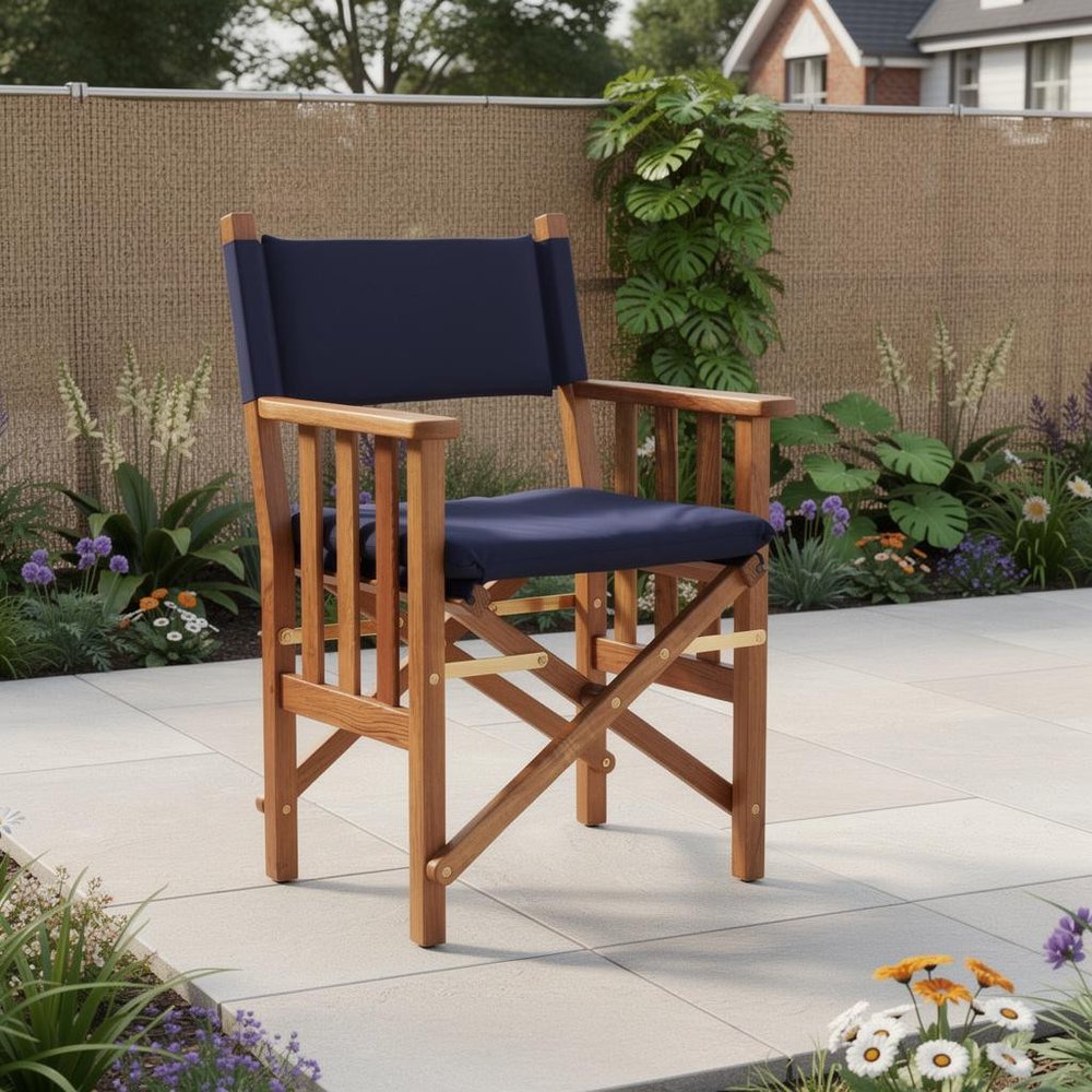 20" Navy Blue and Natural Wood Solid Wood Indoor/Outdoor Patio Director Chair with Navy Blue Cushion