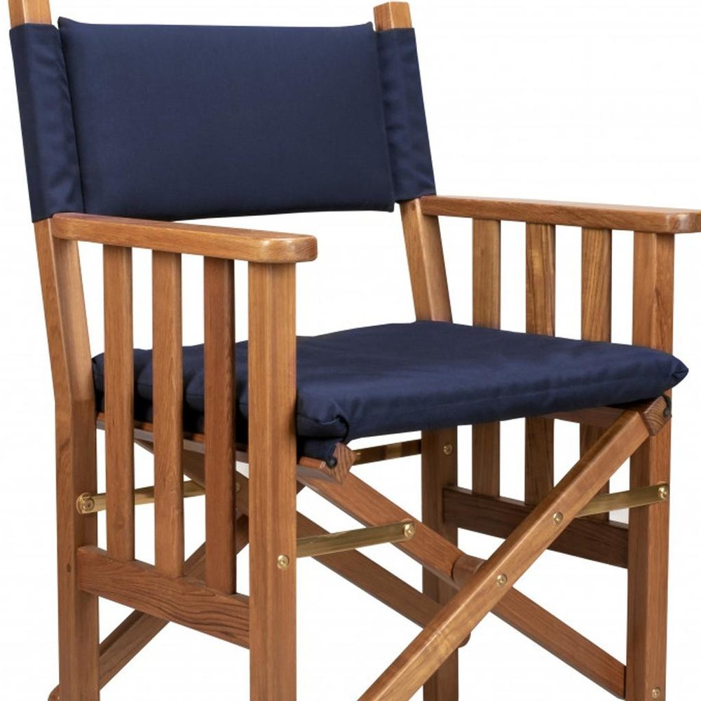 20" Navy Blue and Natural Wood Solid Wood Indoor/Outdoor Patio Director Chair with Navy Blue Cushion