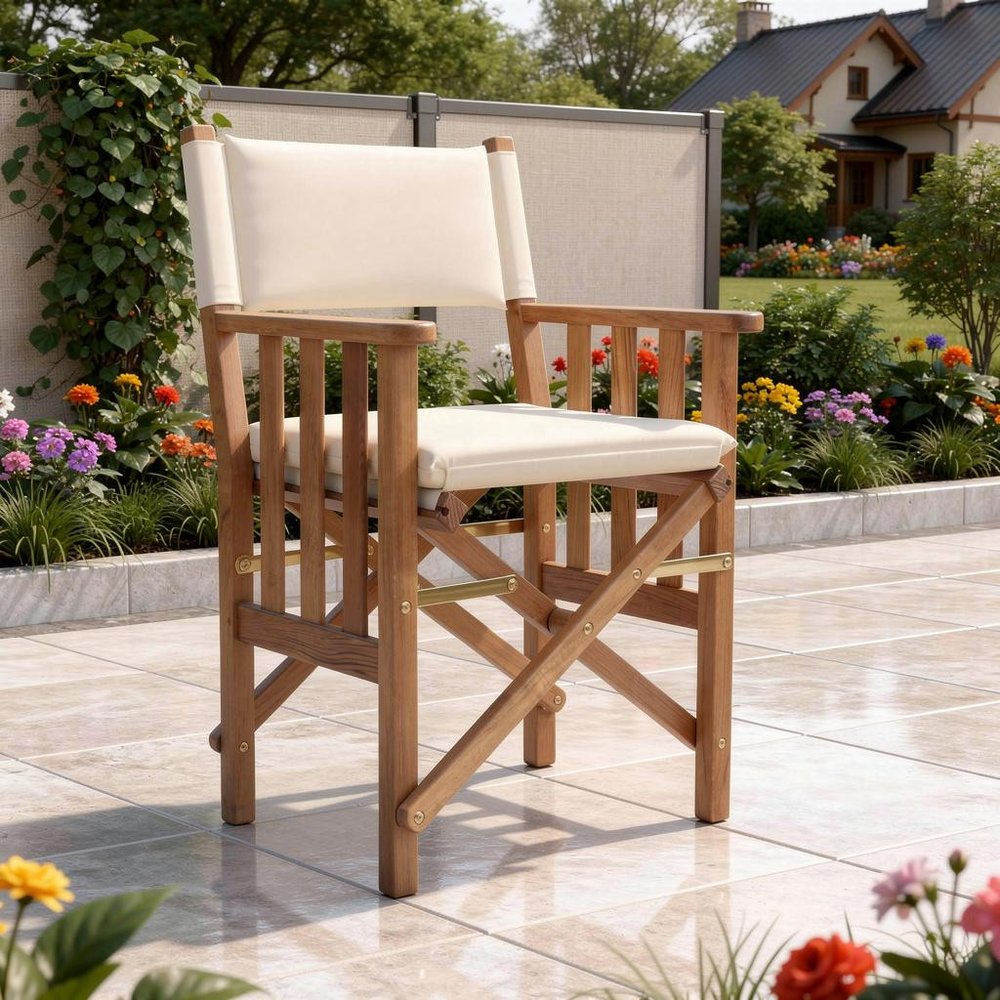 20" Ivory and Natural Wood Solid Wood Indoor/Outdoor Patio Director Chair with Ivory Cushion