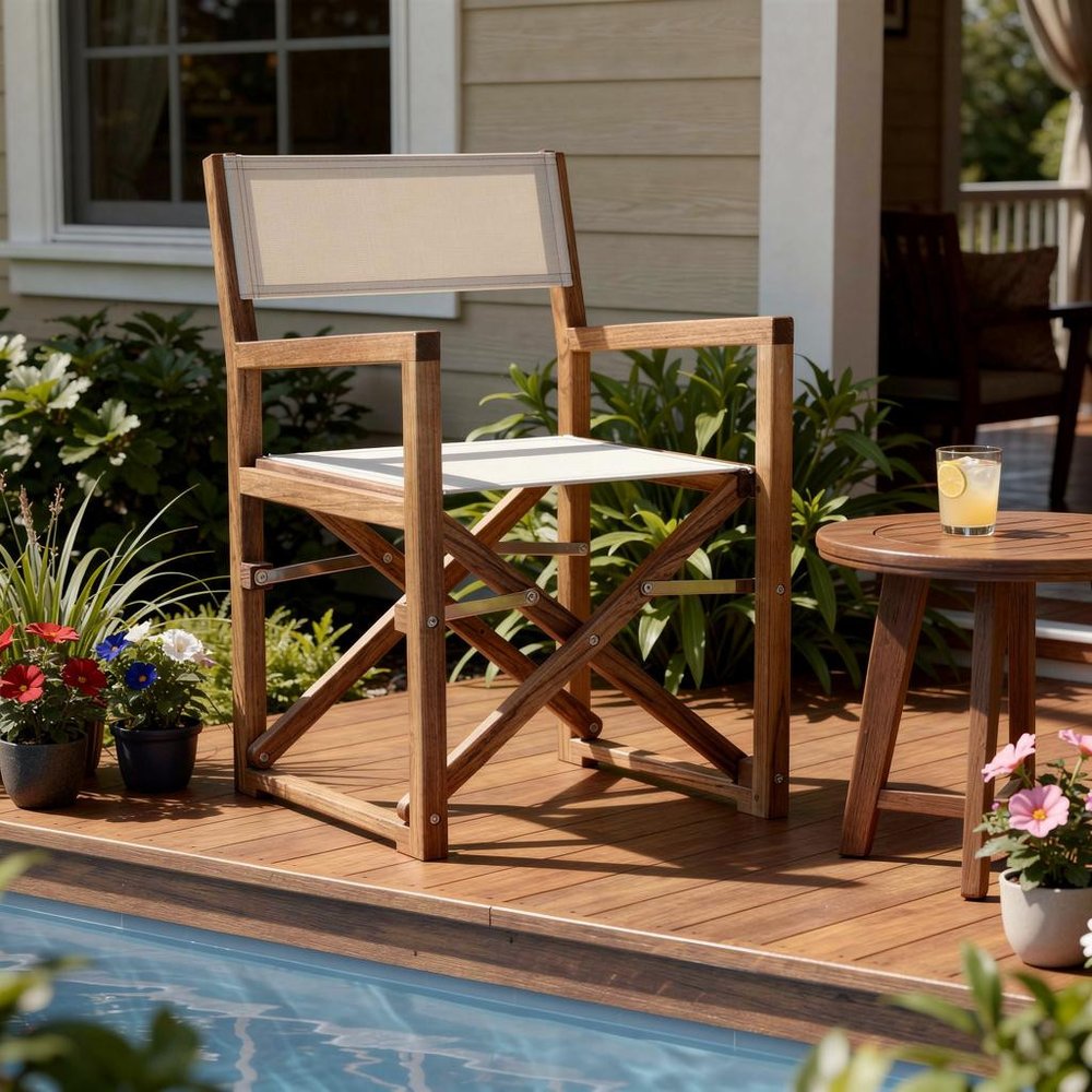 23" White and Natural Wood Solid Wood Indoor/Outdoor Patio Director Chair