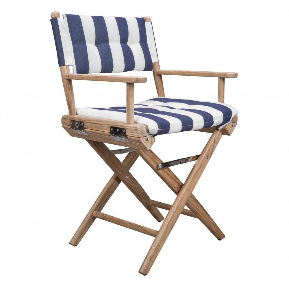 23" Blue and White and Natural Wood Solid Wood Indoor/Outdoor Patio Director Chair with Blue and White Cushion
