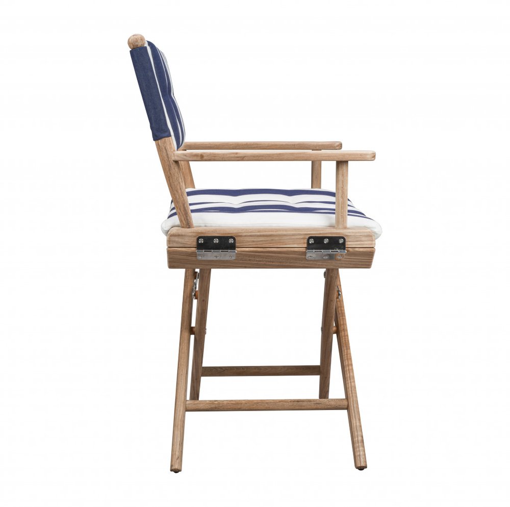 23" Blue and White and Natural Wood Solid Wood Indoor/Outdoor Patio Director Chair with Blue and White Cushion