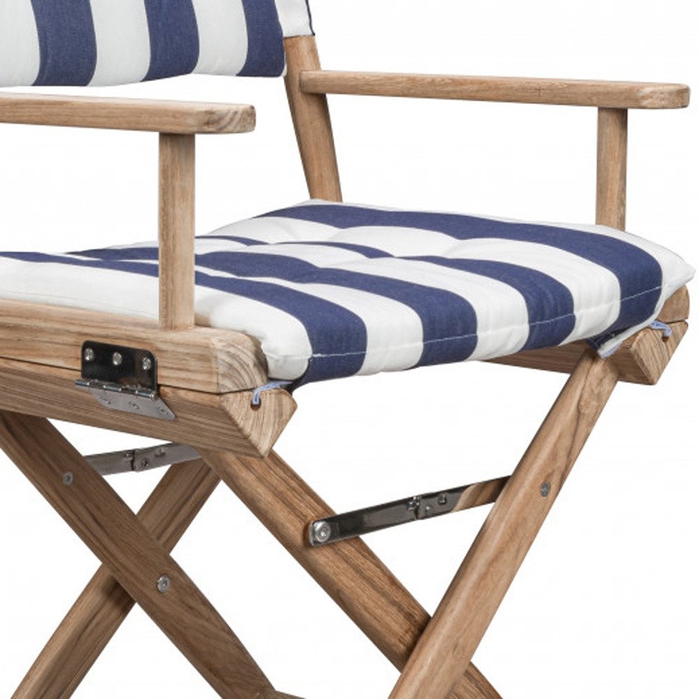 23" Blue and White and Natural Wood Solid Wood Indoor/Outdoor Patio Director Chair with Blue and White Cushion