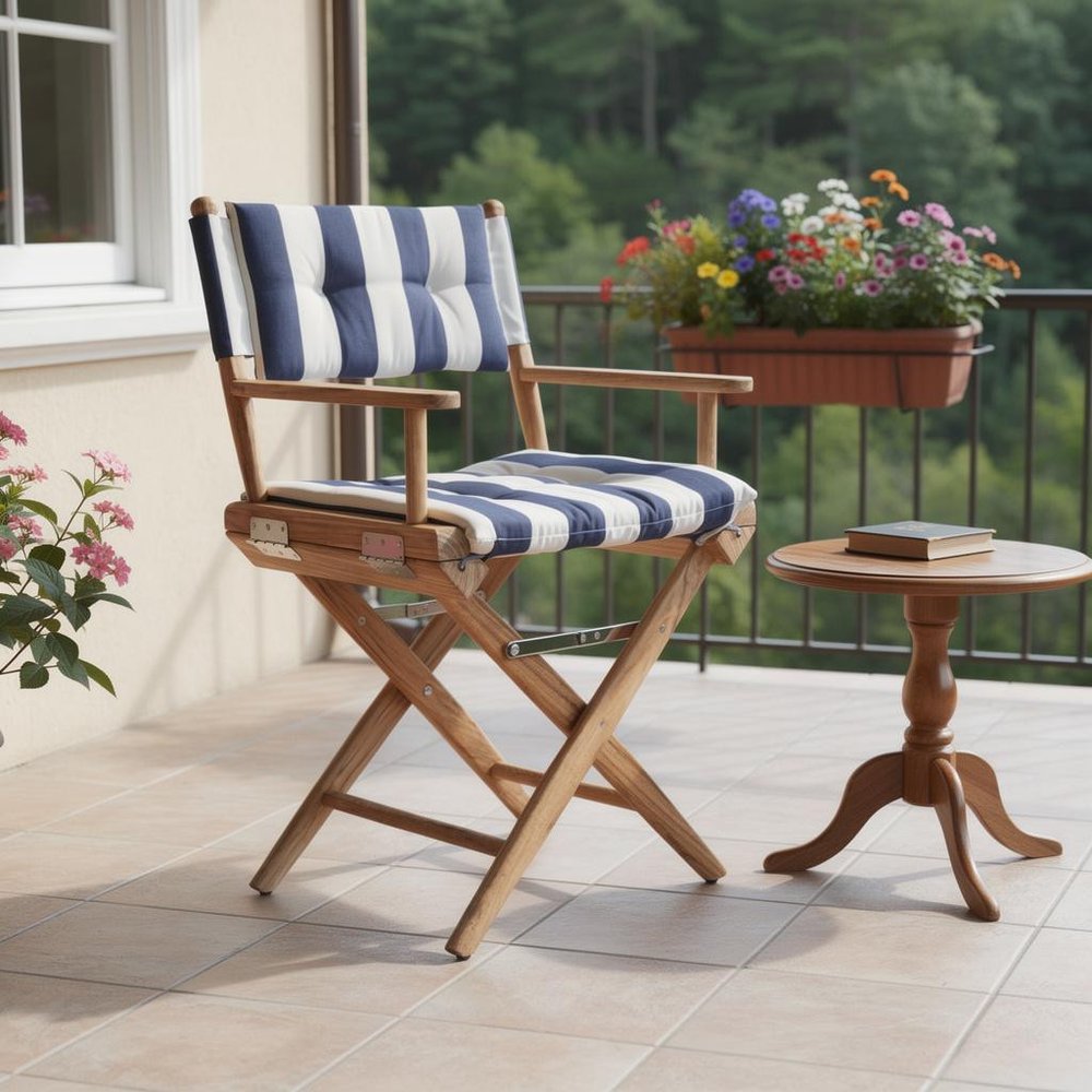 23" Blue and White and Natural Wood Solid Wood Indoor/Outdoor Patio Director Chair with Blue and White Cushion