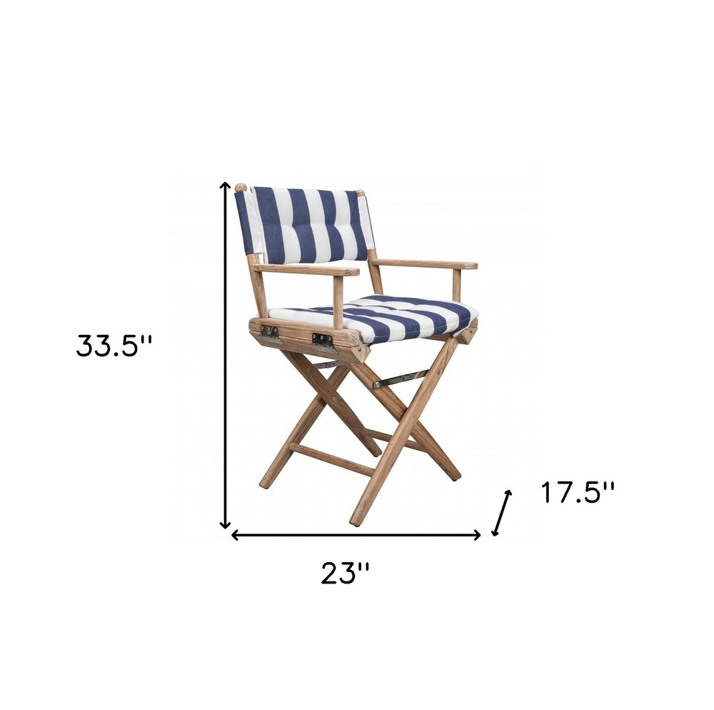 23" Blue and White and Natural Wood Solid Wood Indoor/Outdoor Patio Director Chair with Blue and White Cushion