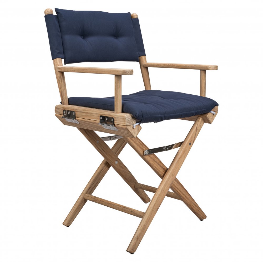 Navy Blue & Brown Solid Wood Director Chair with Navy Blue Cushion