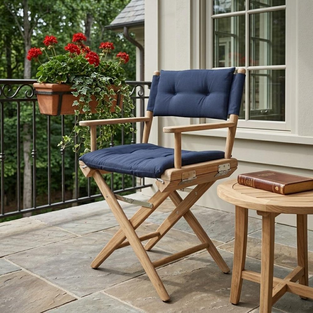 Navy Blue & Brown Solid Wood Director Chair with Navy Blue Cushion