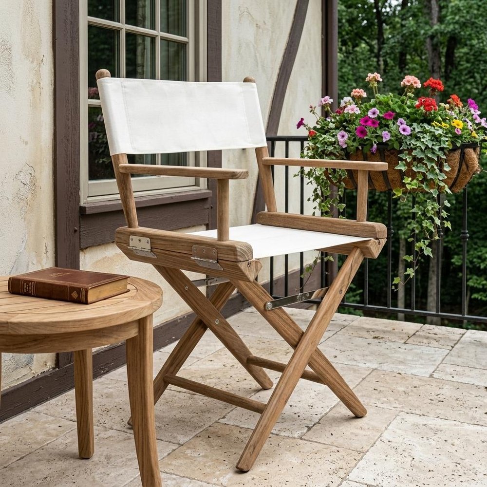 23" Brown and Ivory and Natural Wood Solid Wood Indoor/Outdoor Patio Director Chair