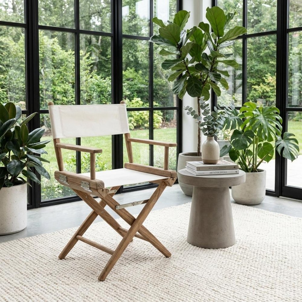 23" Brown and Ivory and Natural Wood Solid Wood Indoor/Outdoor Patio Director Chair