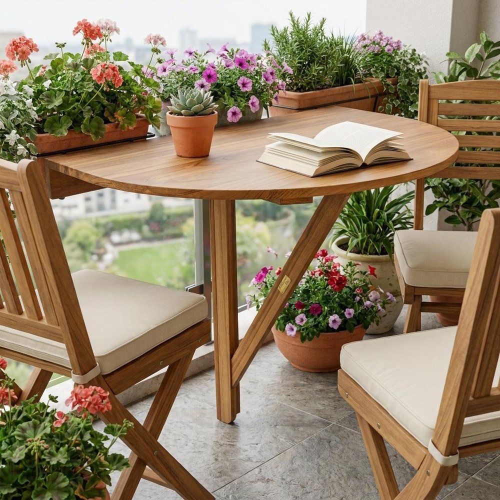 24" Brown Half Round Solid Wood Folding Outdoor Patio Balcony Table
