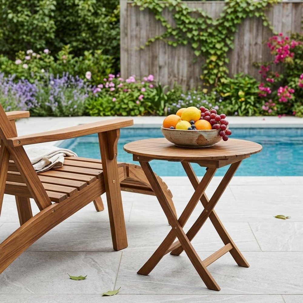 30" Brown Rounded Solid Wood Folding Outdoor Patio Side Table