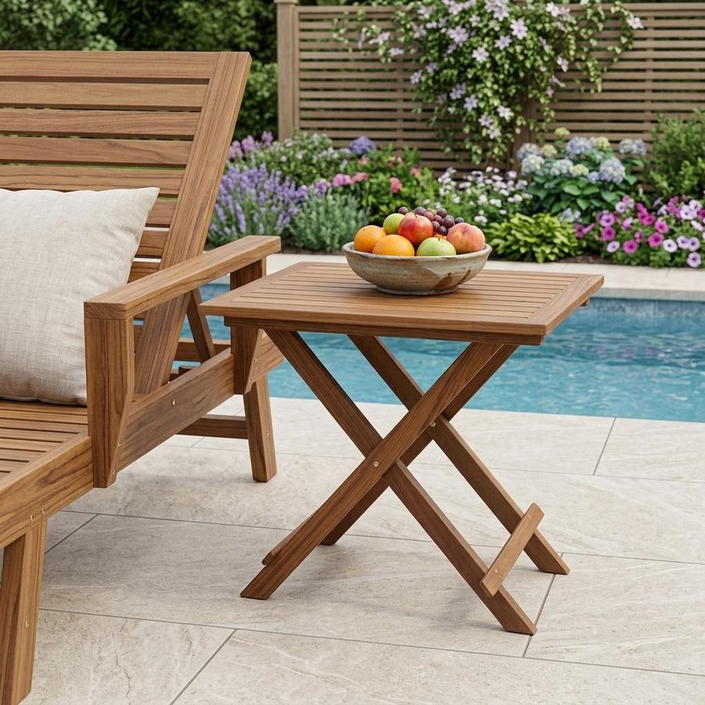 28" Brown Solid Wood Folding Outdoor Patio Side Table