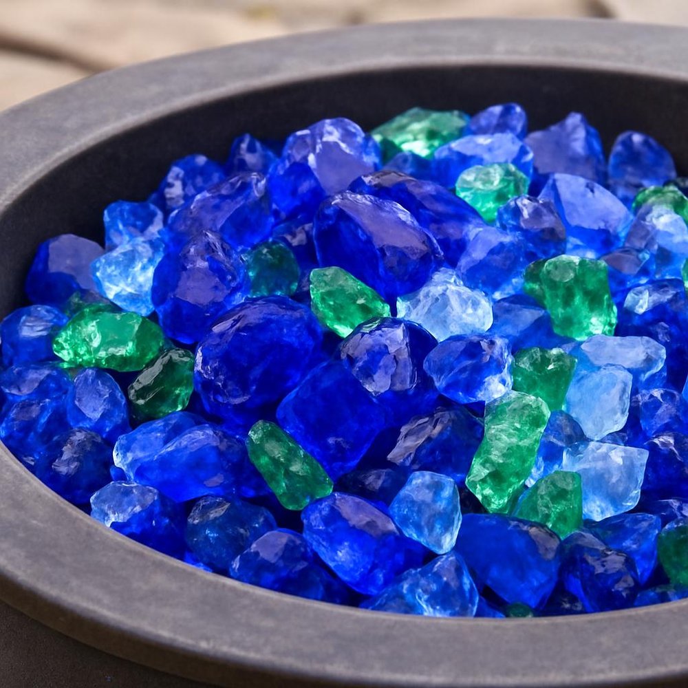 Blue & Green Reflective Fire Pit Glass - Decorative Round Outdoor Fire Glass