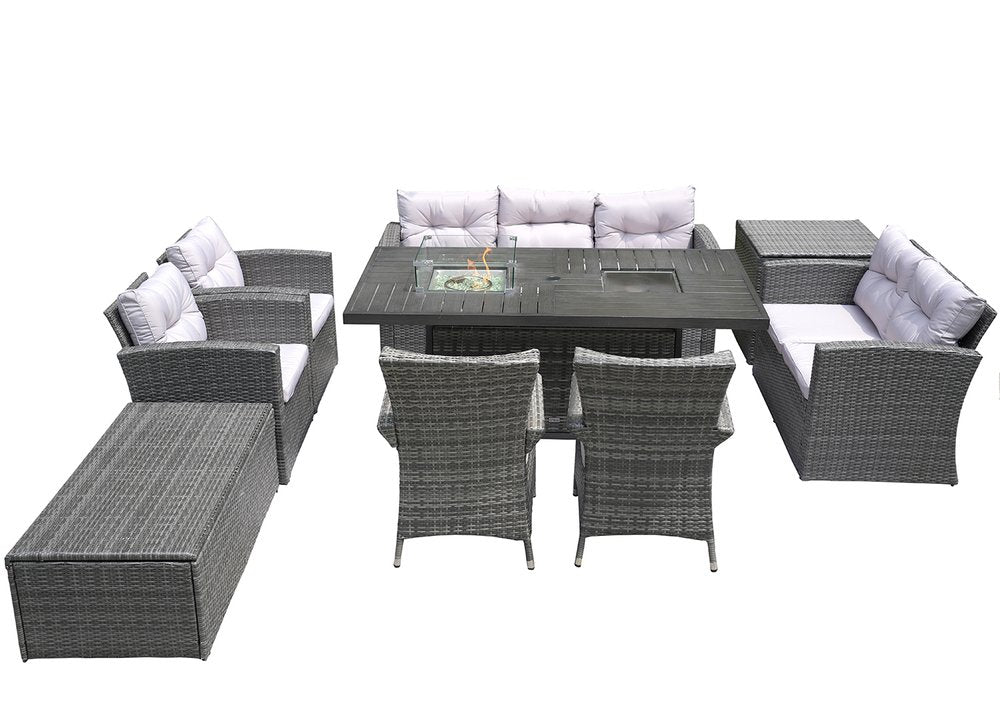 9-Piece Gray Wicker Outdoor Patio Conversation Set with Fire Pit & Table