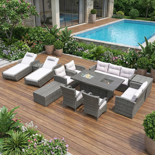 12-Piece Gray Wicker Outdoor Patio Conversation Set with Fire Pit & Table