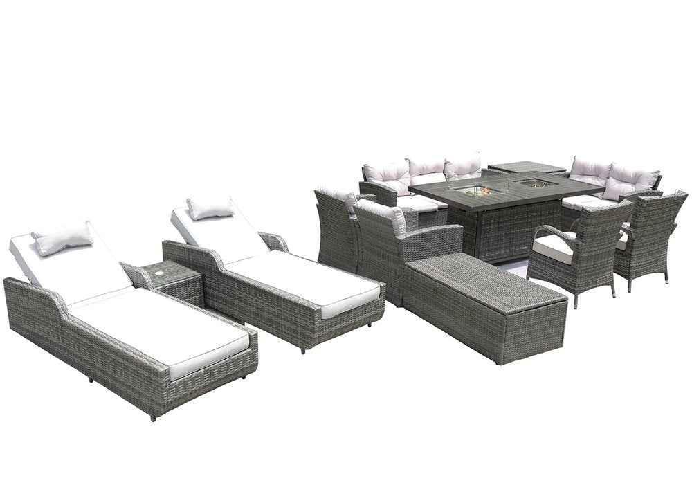 12-Piece Gray Wicker Outdoor Patio Conversation Set with Fire Pit & Table