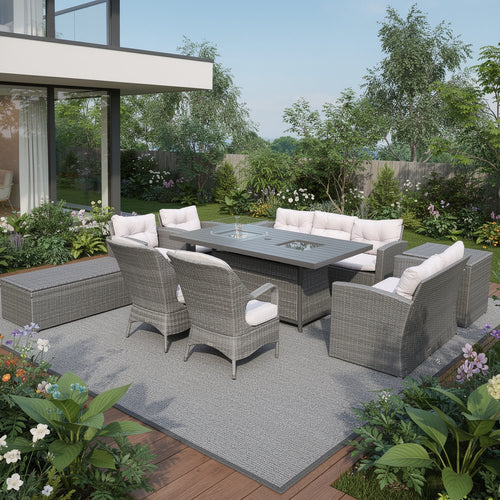 10-Piece Gray Wicker Outdoor Patio Conversation Set with Fire Pit & Table