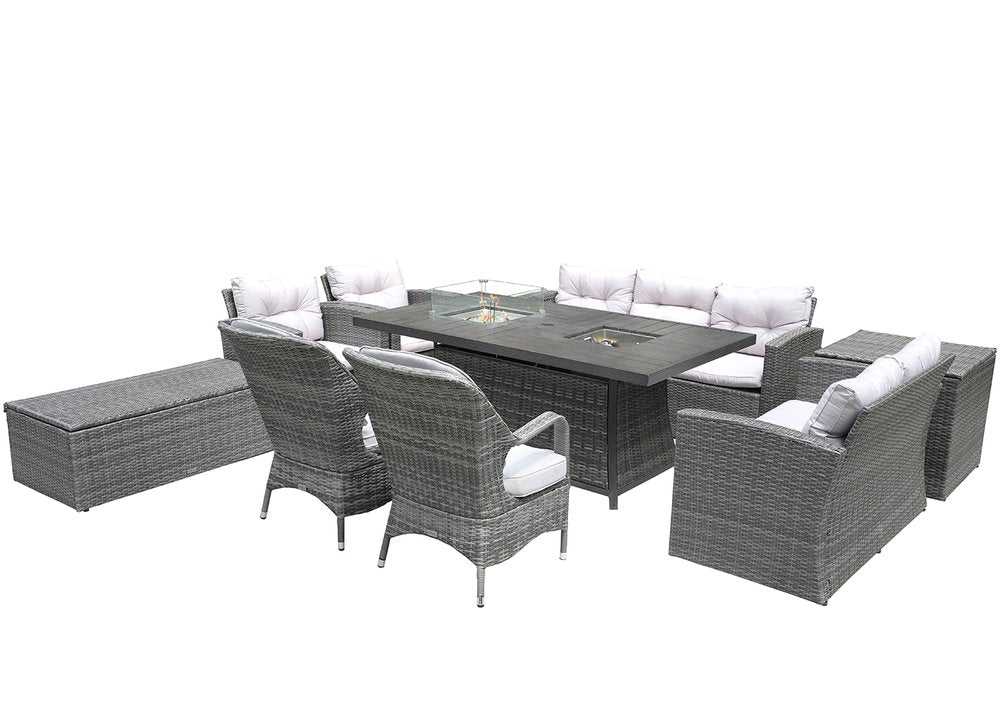 10-Piece Gray Wicker Outdoor Patio Conversation Set with Fire Pit & Table