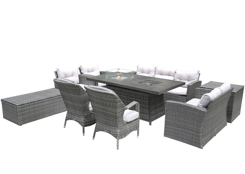 10-Piece Gray Wicker Outdoor Patio Conversation Set with Fire Pit & Table