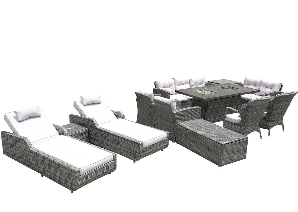 12-Piece Outdoor Gray Wicker Outdoor Patio Conversation Set Fire Pit Included with White Cushions