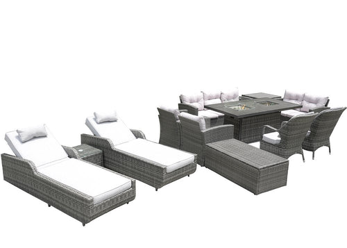 12-Piece Outdoor Gray Wicker Outdoor Patio Conversation Set Fire Pit Included with White Cushions