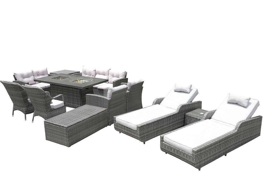12-Piece Outdoor Gray Wicker Outdoor Patio Conversation Set Fire Pit Included with White Cushions