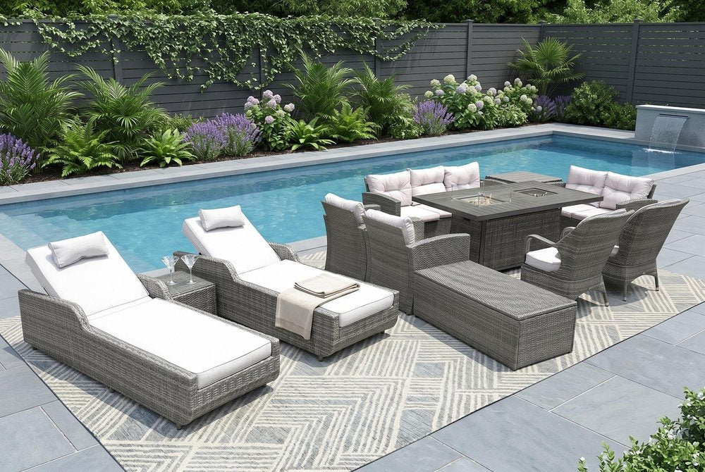 12-Piece Outdoor Gray Wicker Outdoor Patio Conversation Set Fire Pit Included with White Cushions