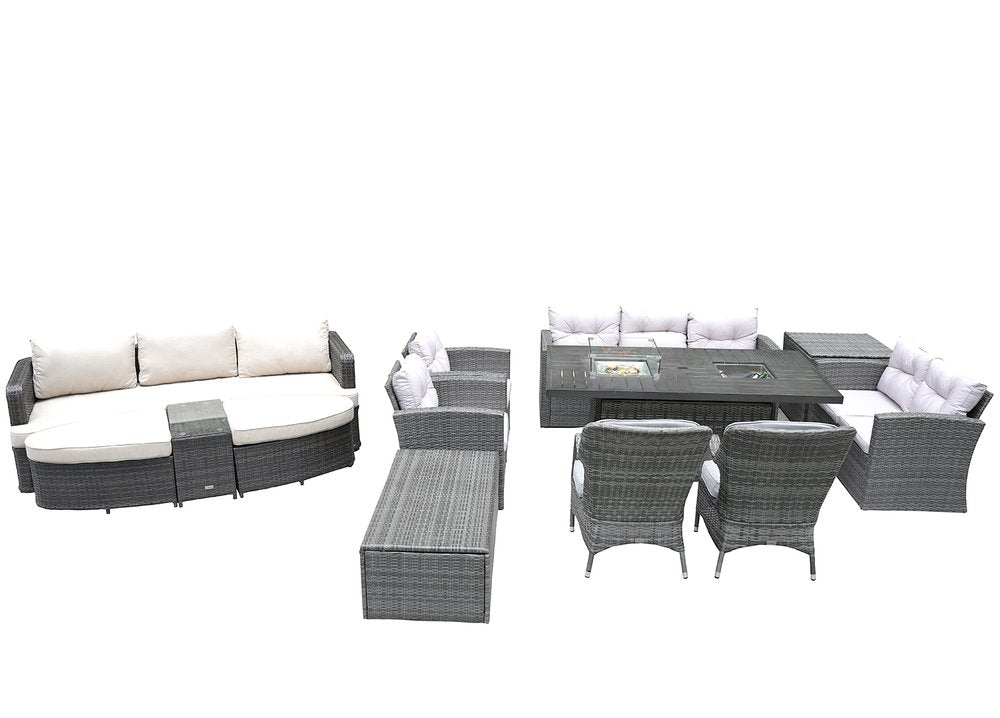 11-Piece Gray Wicker Outdoor Patio Conversation Set with Fire Pit & Table