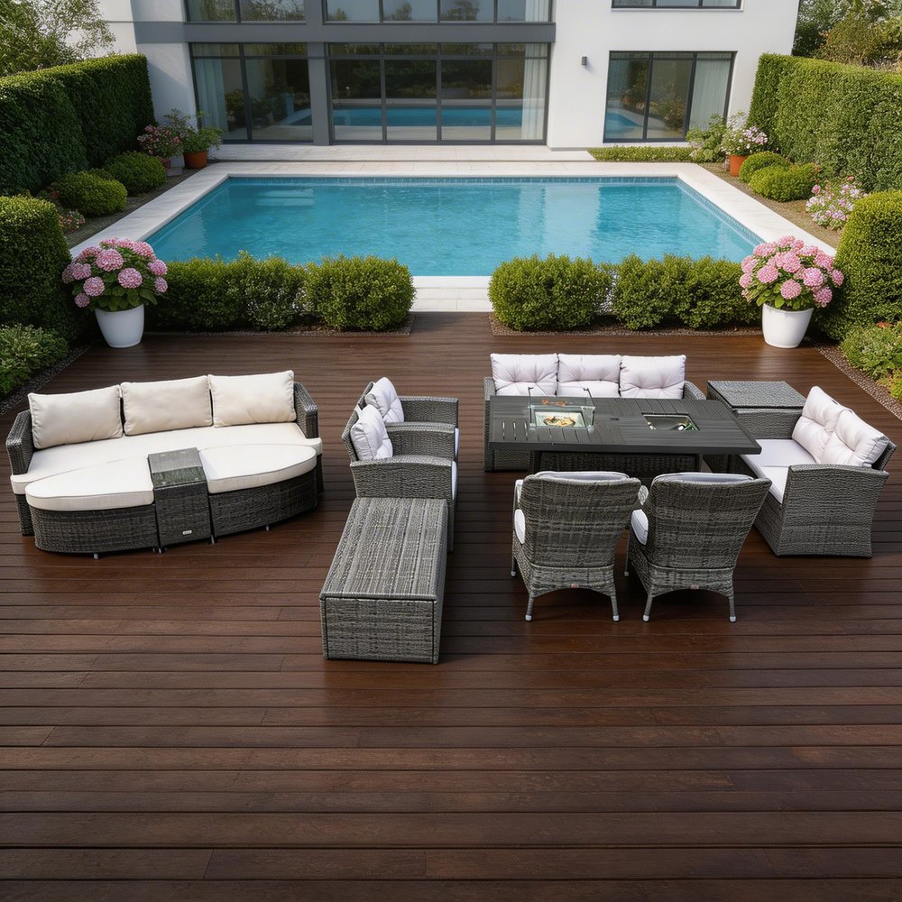 11-Piece Gray Wicker Outdoor Patio Conversation Set with Fire Pit & Table