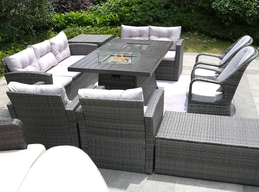 11-Piece Gray Wicker Outdoor Patio Conversation Set with Fire Pit & Table