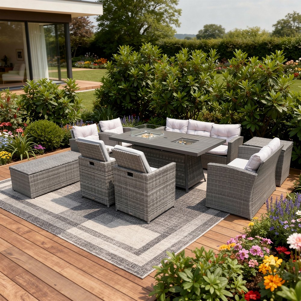 9-Piece Gray Wicker Outdoor Patio Conversation Set with Fire Pit & Table