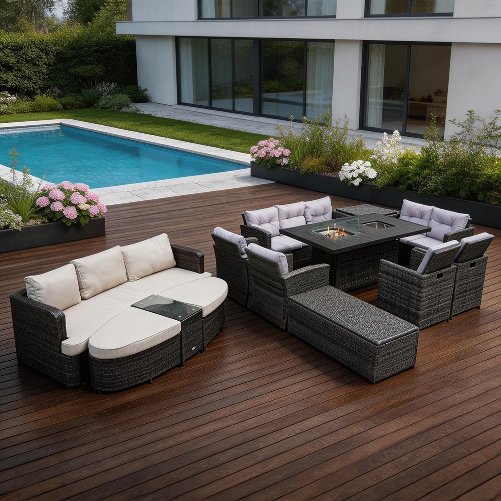 10-Piece Gray Wicker Outdoor Patio Conversation Set with Fire Pit & Table