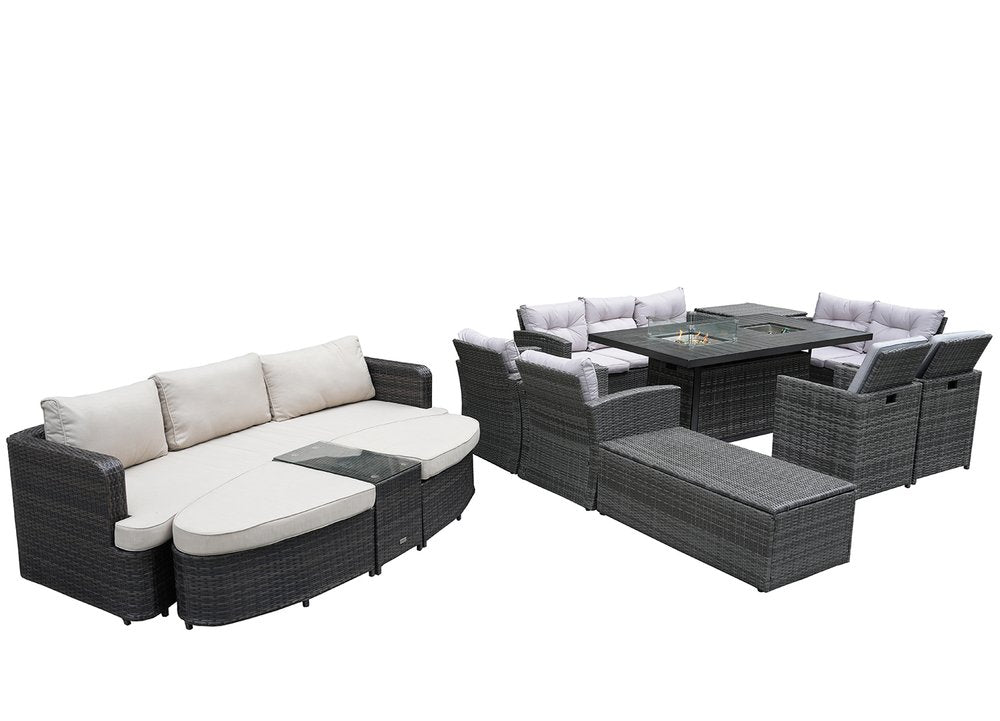 10-Piece Gray Wicker Outdoor Patio Conversation Set with Fire Pit & Table