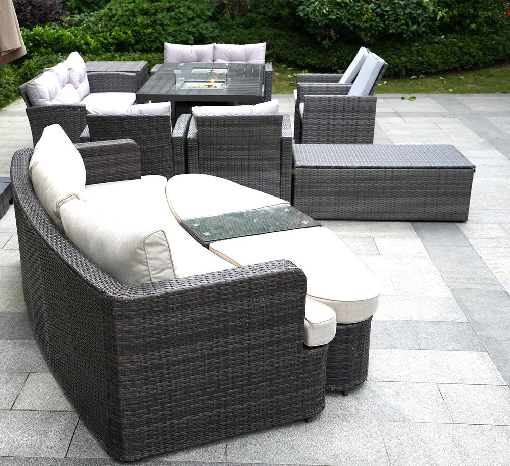 10-Piece Gray Wicker Outdoor Patio Conversation Set with Fire Pit & Table