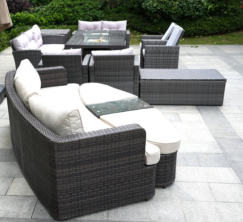 10-Piece Gray Wicker Outdoor Patio Conversation Set with Fire Pit & Table