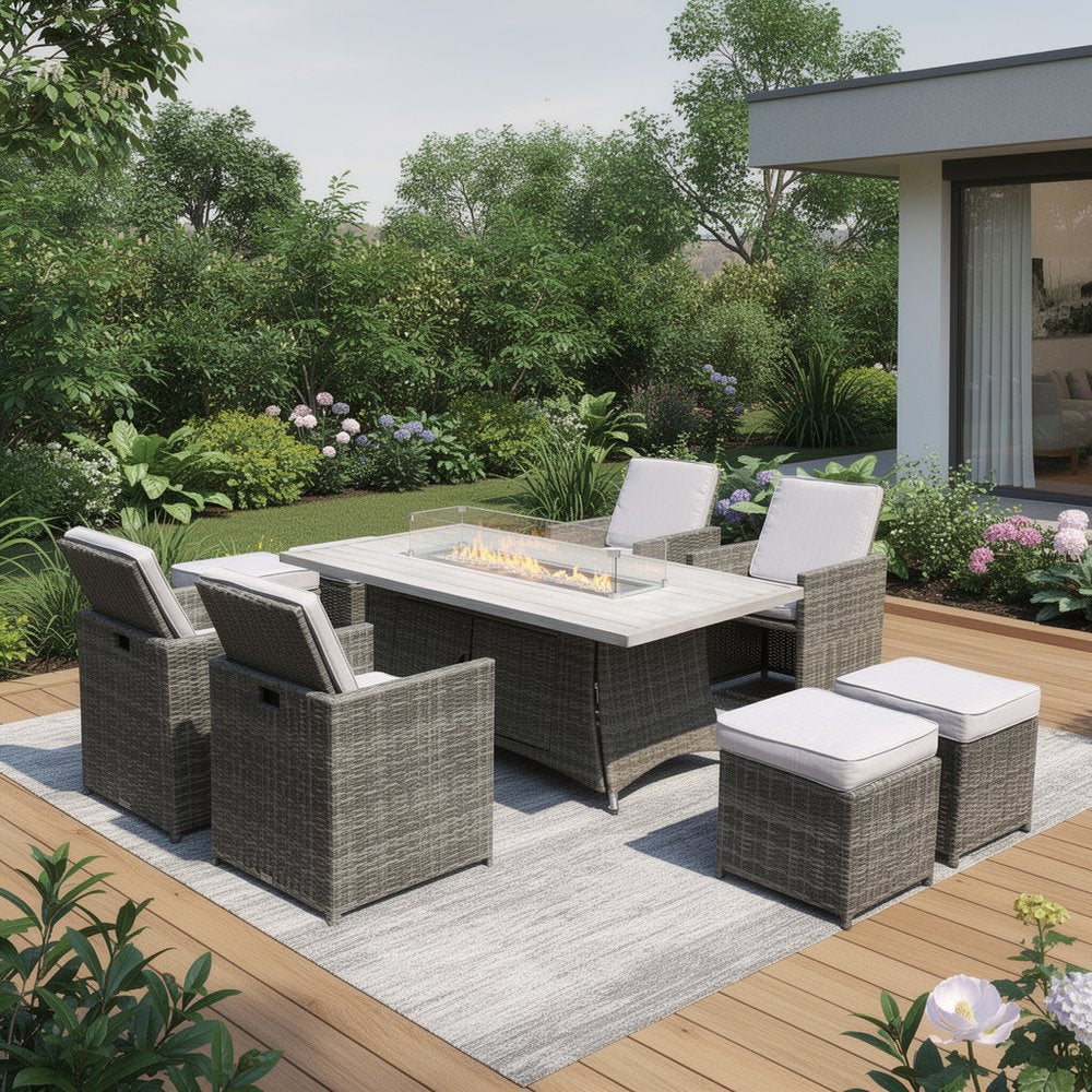 9-Piece Gray Wicker Outdoor Patio Conversation Set with Fire Pit & Table