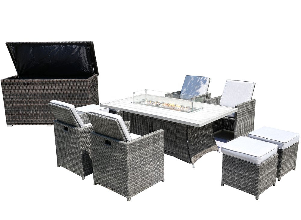 10-Piece Outdoor Gray Wicker Outdoor Patio Conversation Set Fire Pit Included with White Cushions