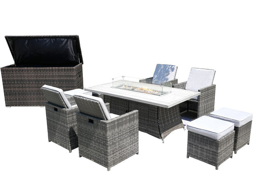 10-Piece Outdoor Gray Wicker Outdoor Patio Conversation Set Fire Pit Included with White Cushions
