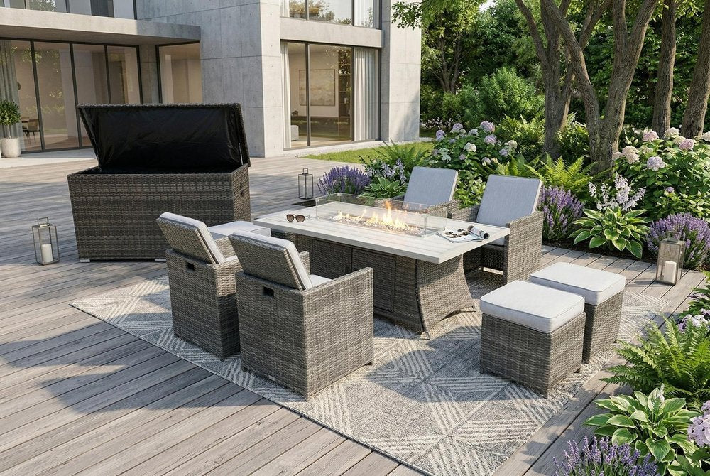 10-Piece Outdoor Gray Wicker Outdoor Patio Conversation Set Fire Pit Included with White Cushions
