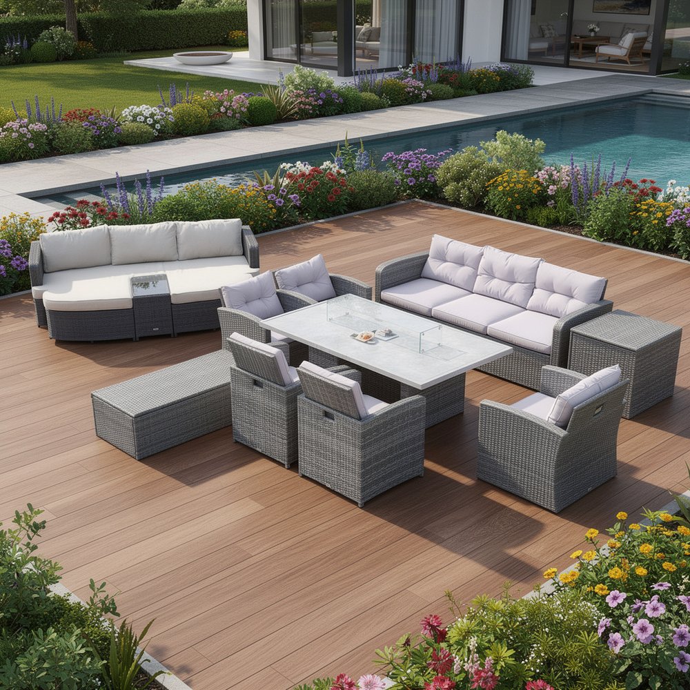 11-Piece Gray Wicker Outdoor Patio Conversation Set with Fire Pit & Table