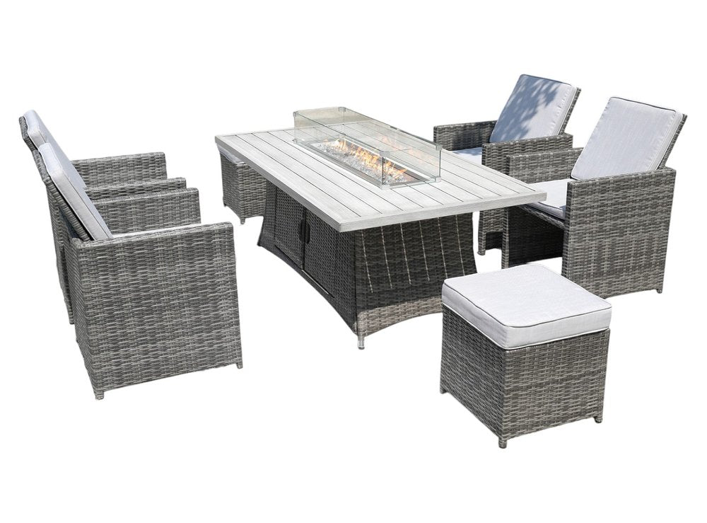 7-Piece Gray Wicker Outdoor Patio Conversation Set with Fire Pit & Table
