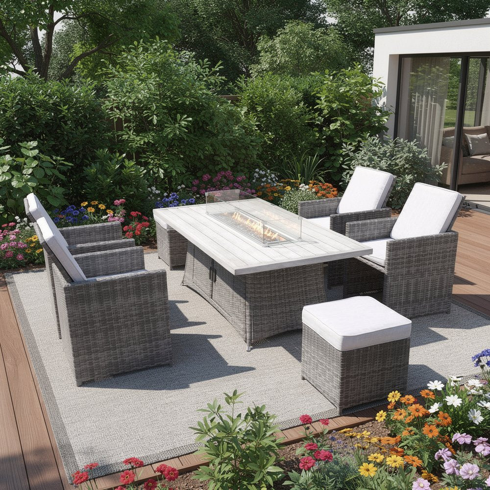 7-Piece Gray Wicker Outdoor Patio Conversation Set with Fire Pit & Table
