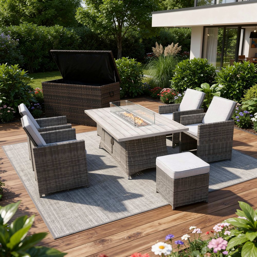 10-Piece Gray Wicker Outdoor Patio Conversation Set with Fire Pit & Table