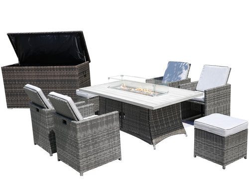 10-Piece Gray Wicker Outdoor Patio Conversation Set with Fire Pit & Table